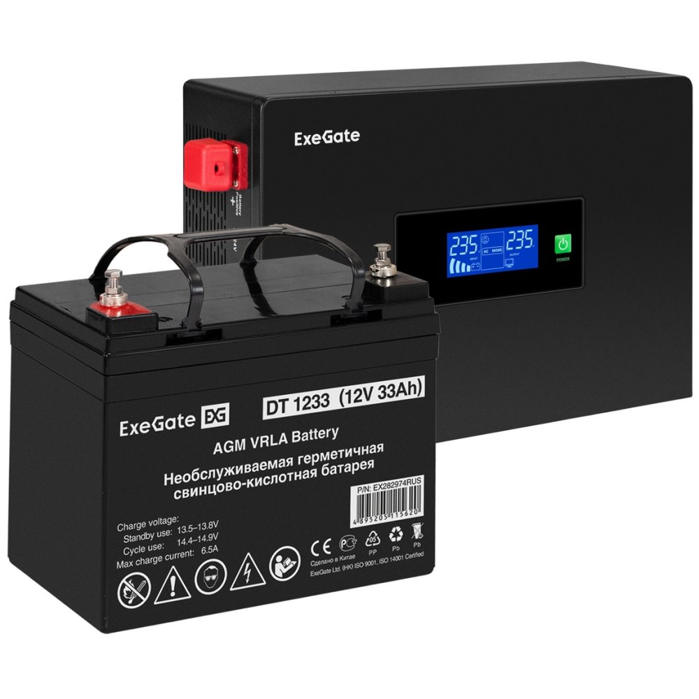 ИБП ExeGate IdealSine SR-1000.LCD.2SH + DT 1233 (33Ач) + батарея детальное изображение - 1