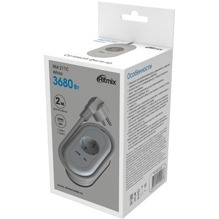 Сетевой фильтр Ritmix RM-211C, 2 м, Белый детальное изображение - 3