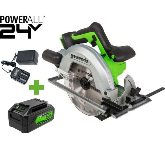 Дисковая пила GreenWorks GD24CS, 24V,б/щет, рез 63 мм, 1x4Ач,ЗУ, 1500907VUB, 185 мм, 4500 об/мин, 300 Вт детальное изображение - 1