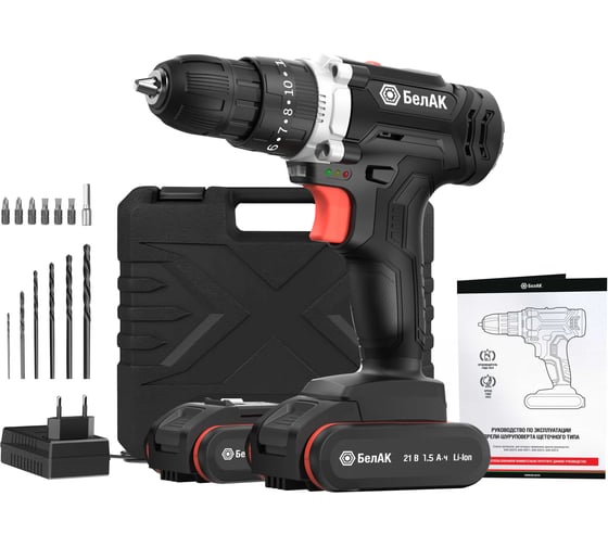 Ударная дрель-шуруповерт БелАК щеточная, В кейсе с битами, 2 АКБ БАК.53312, 21 В, 40 Нм, 1,5 А·ч детальное изображение - 1