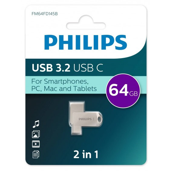 USB Flash накопитель Philips 2-in-1 (FM64FD145B) 64 ГБ, серебряный детальное изображение - 1