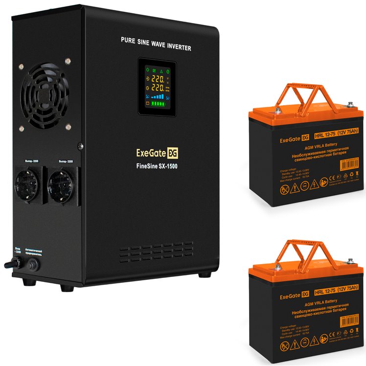 ИБП ExeGate FineSine SX-1500.LCD.AVR.2SH + 2x HRL 12-75 (75Ач) + батарея детальное изображение - 1