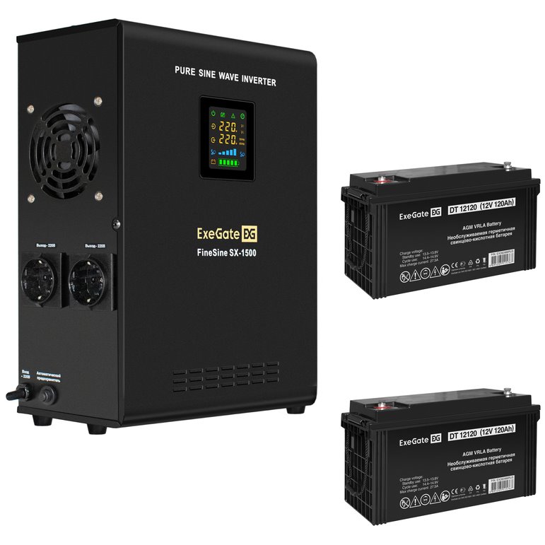 ИБП ExeGate FineSine SX-1500.LCD.AVR.2SH + 2x DT 12120 (120Ач) + батарея детальное изображение - 1