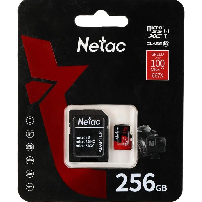 Карта памяти Netac P500 Extreme Pro MicroSD + SD адаптер (NT02P500PRO-256G-R), 256 Гб №1