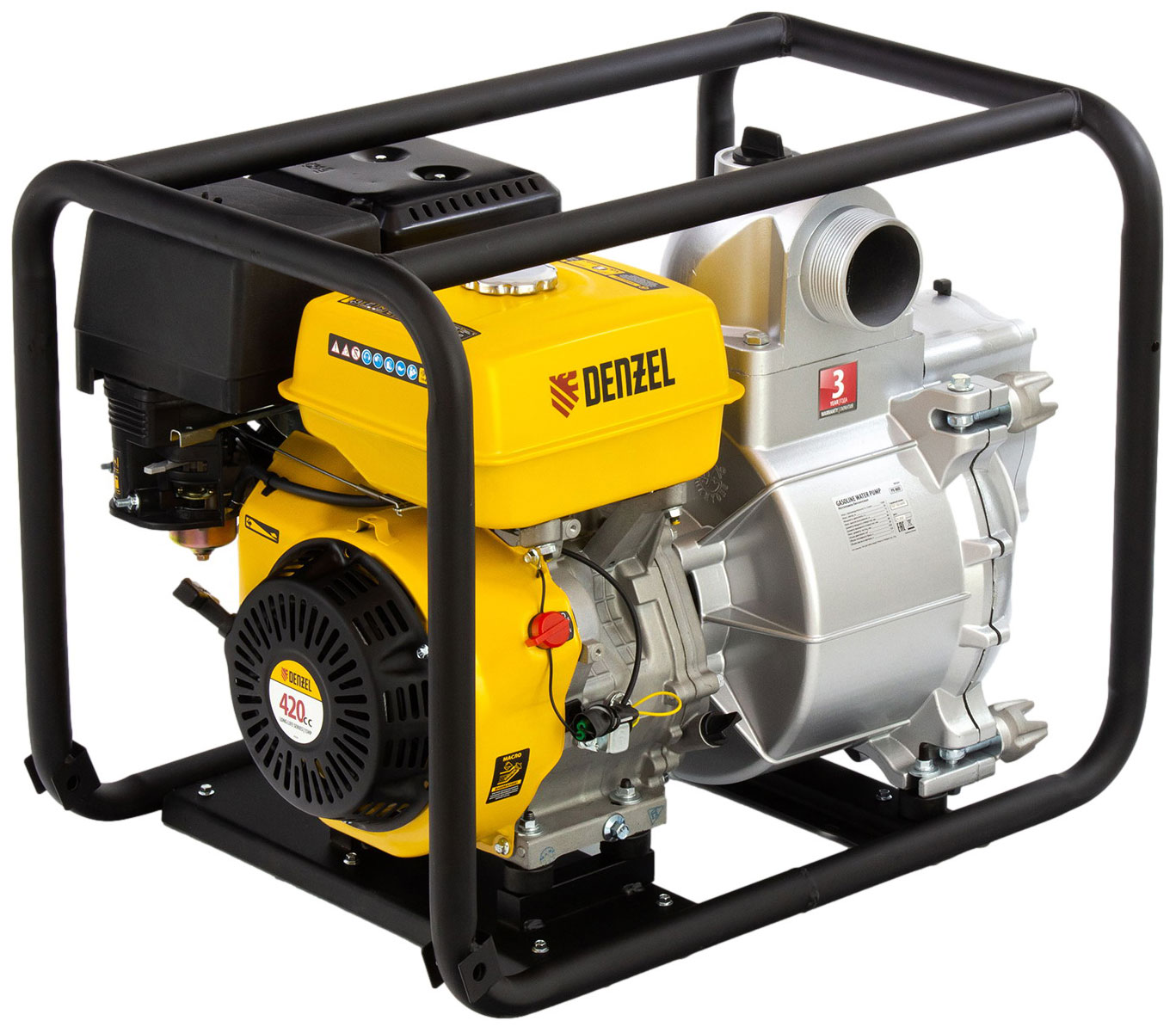 Мотопомпа бензиновая Denzel 99204 PX-80D для грязной воды, 1500 л/мин, 80 мм, напор 30 м, d=80 мм, 11030 Вт, Желтый детальное изображение - 1