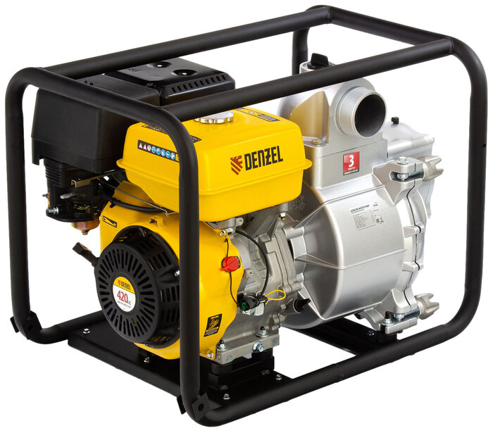 Мотопомпа бензиновая Denzel 99204 PX-80D для грязной воды, 1500 л/мин, 80 мм, напор 30 м, d=80 мм, 11030 Вт, Желтый №1