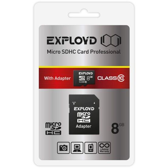 Карта памяти Exployd MicroSD + SD адаптер (EX008GCSDHC10-AD), 8 Гб детальное изображение - 1
