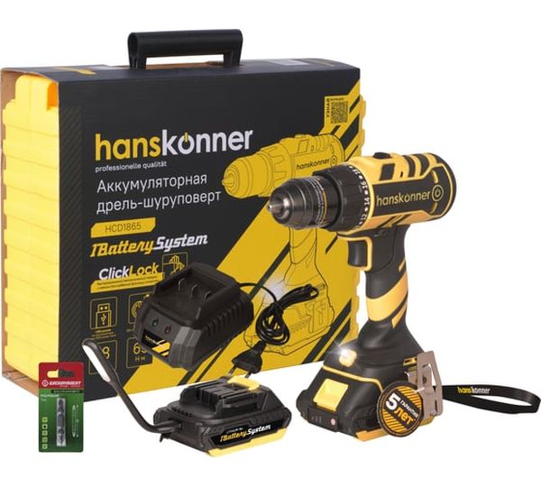 Аккумуляторная дрель-шуруповерт Hanskonner HCD1865, 18 В, 65 Нм, 2 А·ч  детальное изображение - 1
