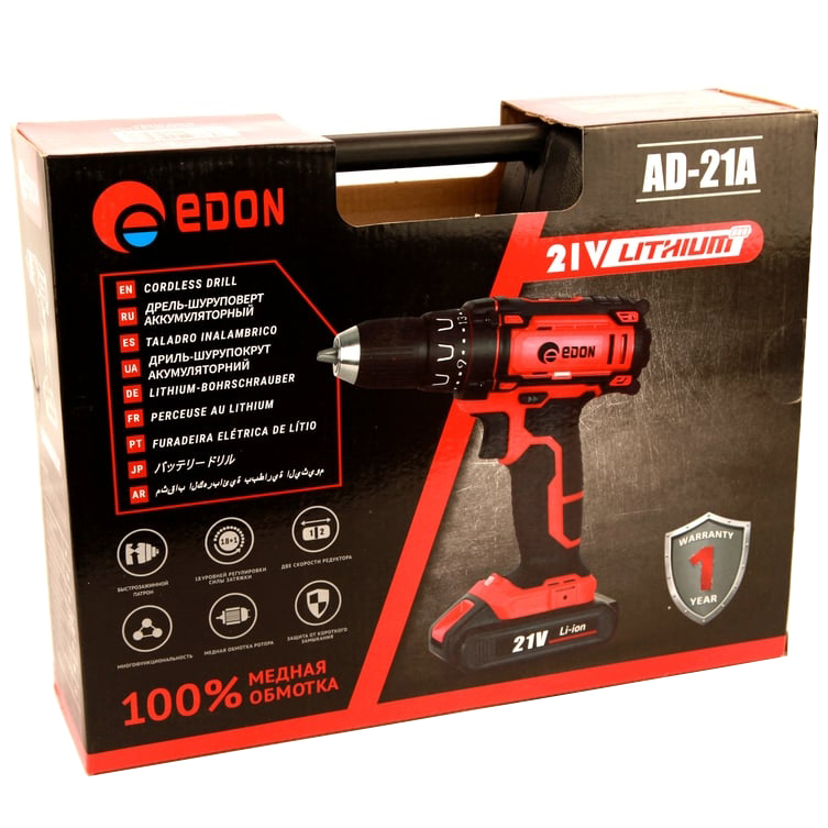 Аккумуляторная дрель-шуруповерт Edon AD-21A, 21 В, 30 Нм, 2 А·ч, 16043 детальное изображение - 4