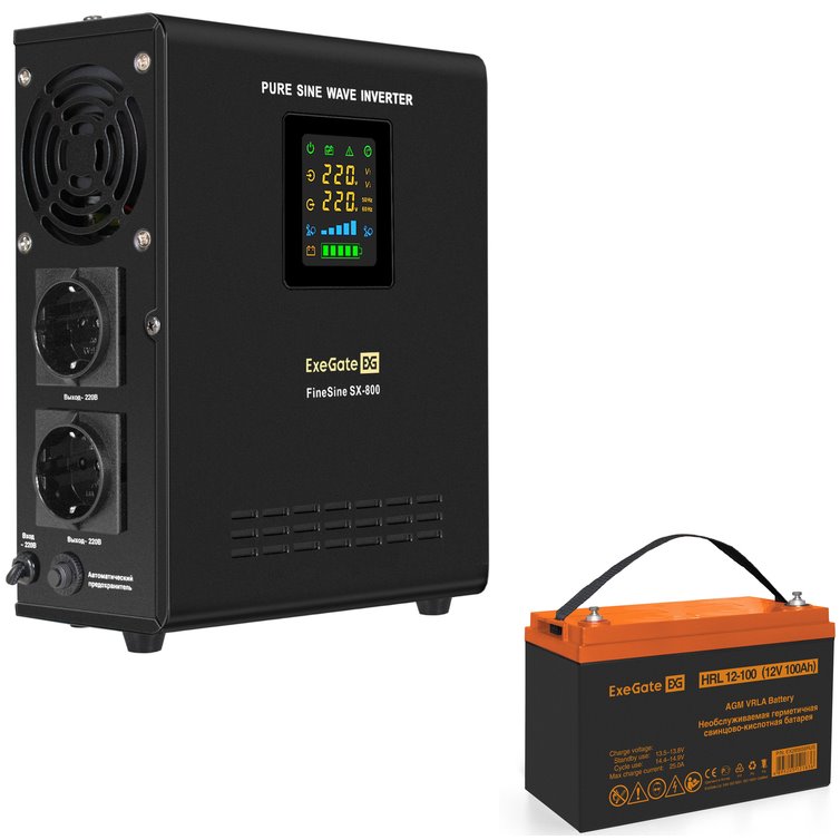ИБП ExeGate FineSine SX-800.LCD.AVR.2SH + HRL 12-100 (100Ач) + батарея детальное изображение - 1