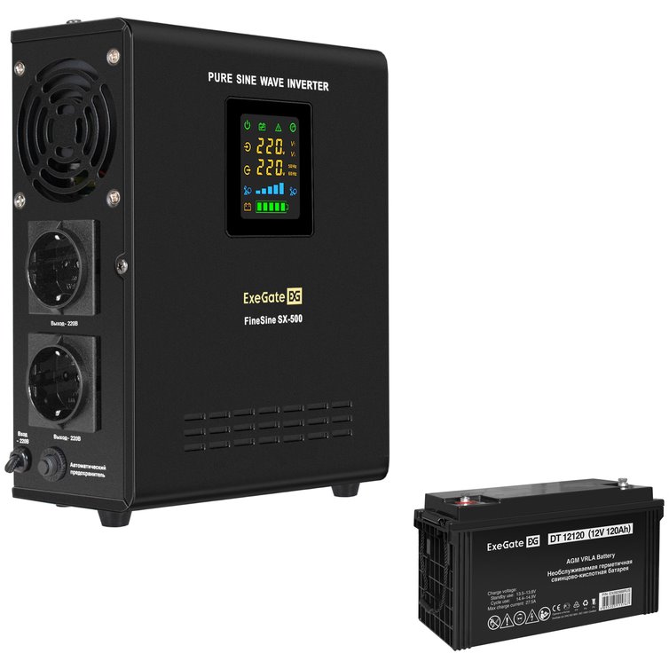 ИБП ExeGate FineSine SX-500.LCD.AVR.2SH + DT 12120 (120Ач) + батарея детальное изображение - 1