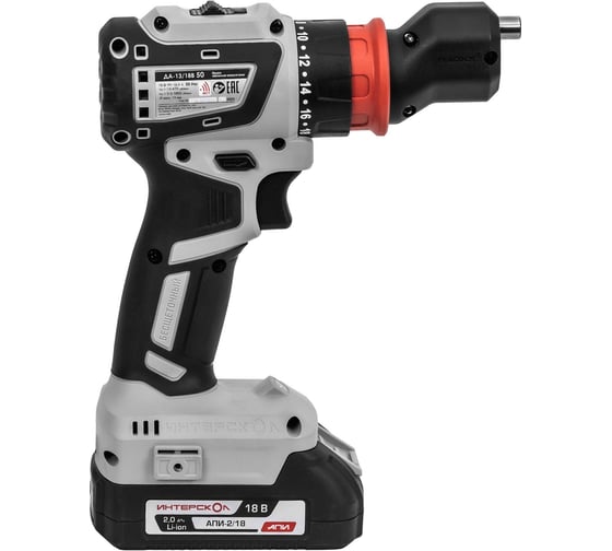 Бесщеточная аккумуляторная дрель-шуруповерт Интерскол ДА-13/18В 50 комби АПИ Li-ion, кейс, 2 аккум., 4 насадки 776.2.2.79, 18 В, 50 Нм, 2 А·ч детальное изображение - 4