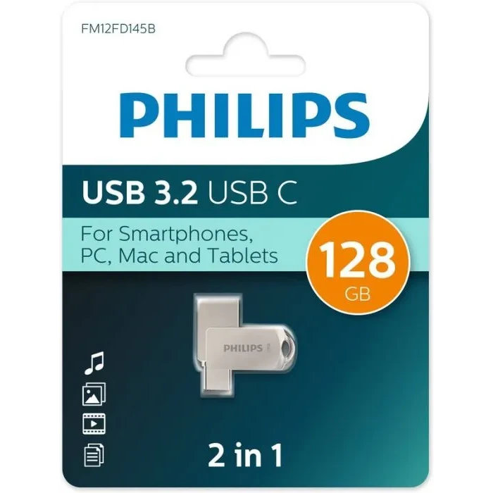 USB Flash накопитель Philips 2-in-1 (FM12FD145B) 128 ГБ, серебряный детальное изображение - 1